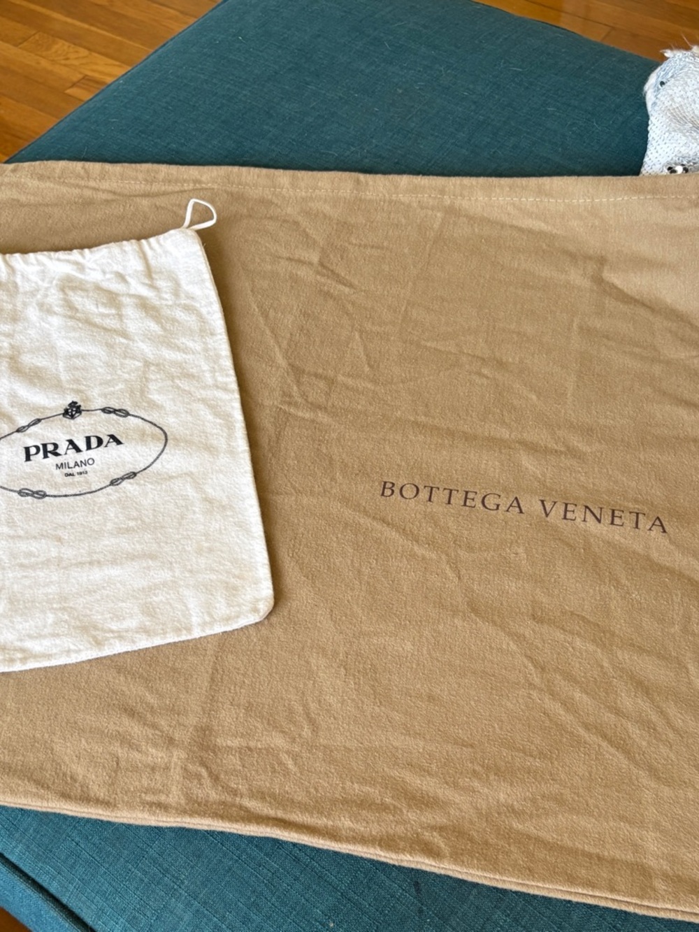 Bottega Veneta Camel Dust Bag with Cream Prada Drawstring Pouch